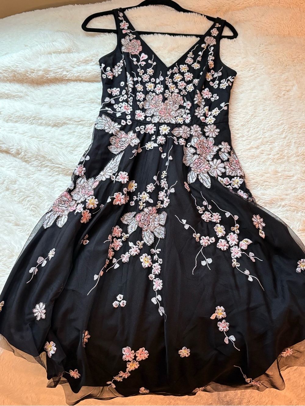 Aidan Mattox Black Dress with Pink and White Floral Embroidery